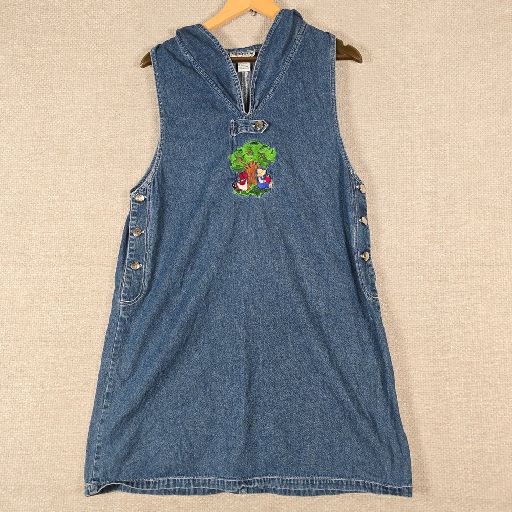 Vtg Haiks Denim Jumper Dress L Embroidered Cottagecore School Teacher Sailor